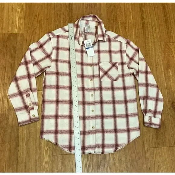Just Polly Juniors Girlfriend Frayed-Hem Plaid Shirt Size XS - Picture 5 of 5